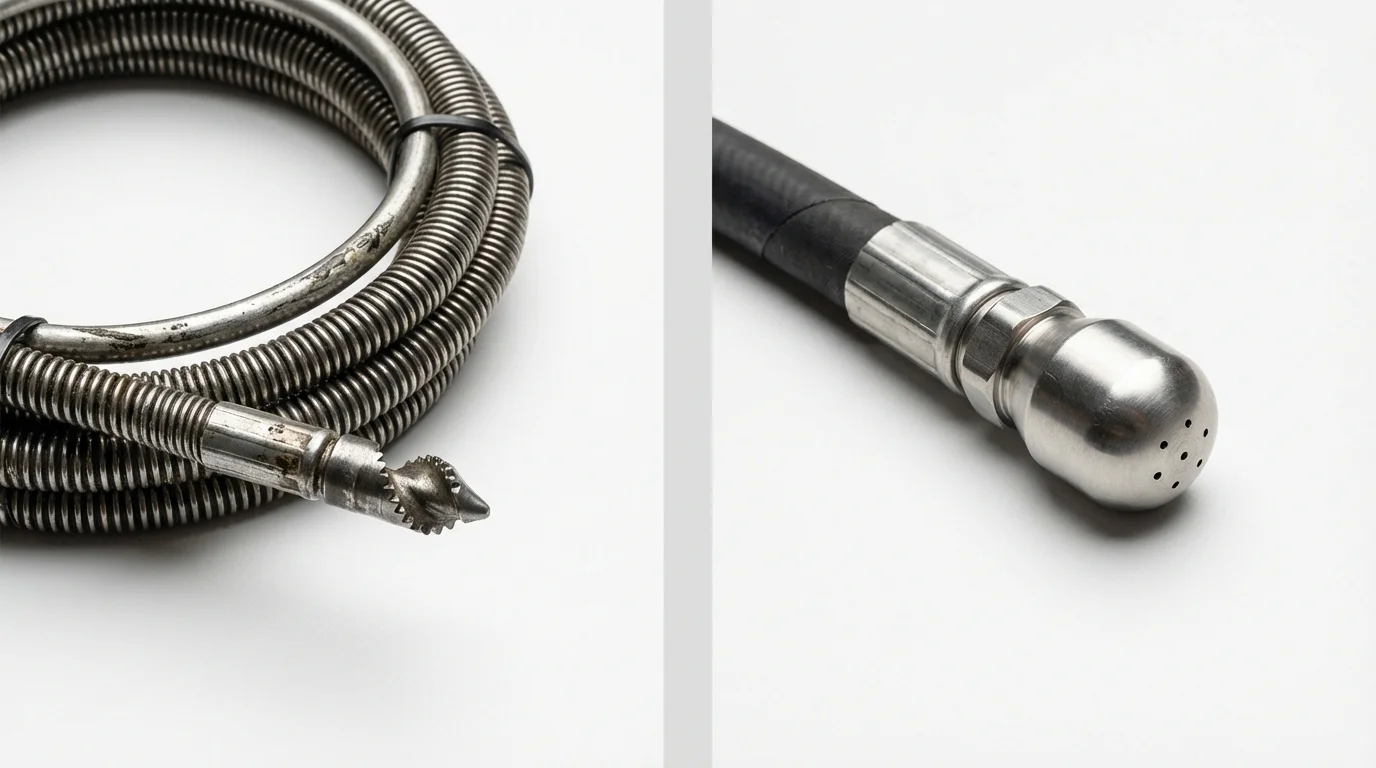 Drain snake cable and hydro jetting nozzle used for drain cleaning in Waterville, WA