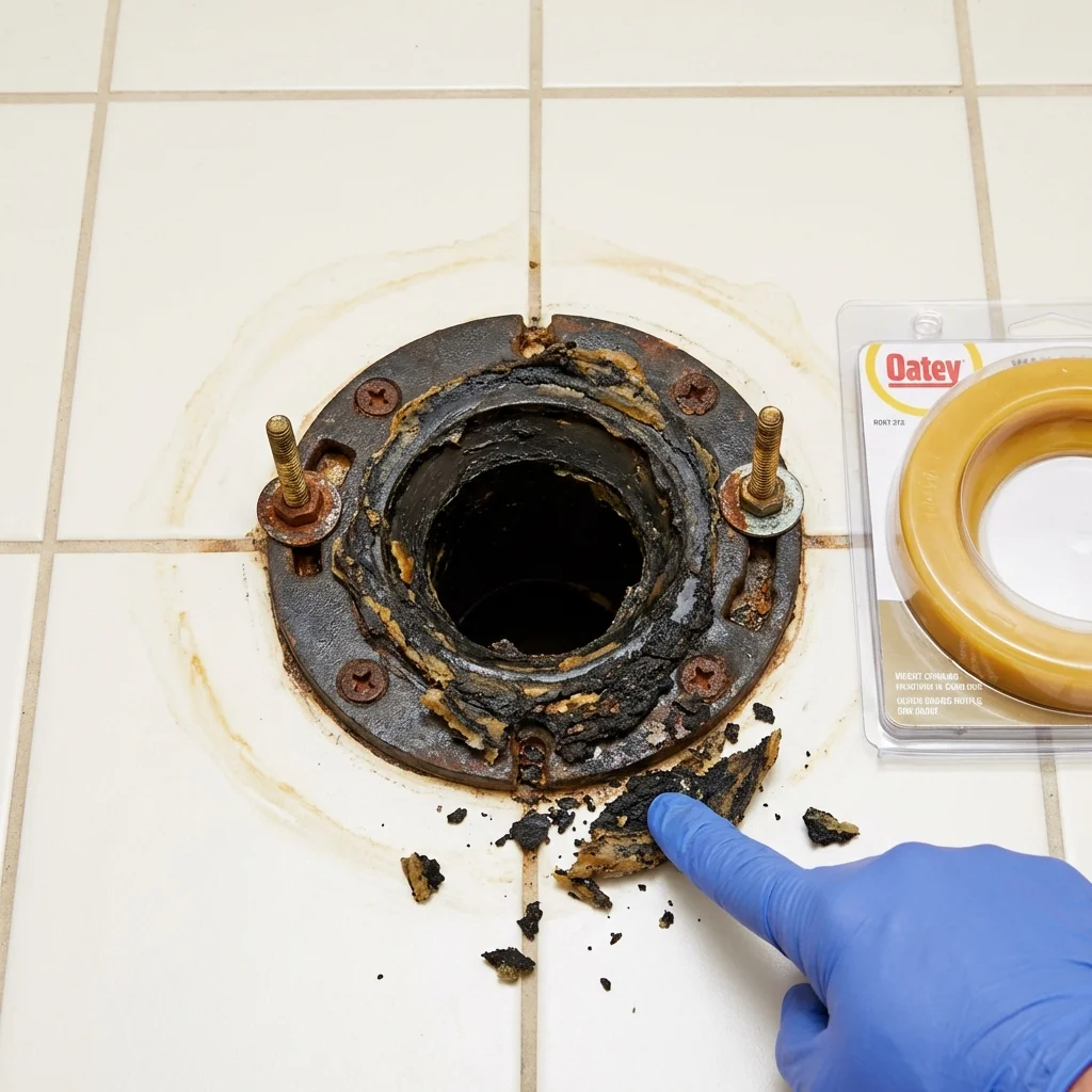 Failed wax ring showing water seepage at the base of a toilet in a Waterville, WA home
