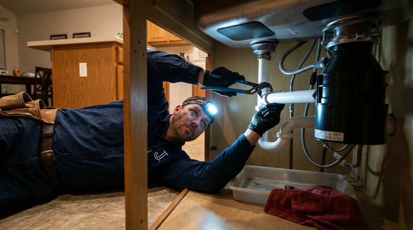 P-trap and supply line connections under a kitchen sink showing a common leak point in Waterville, WA